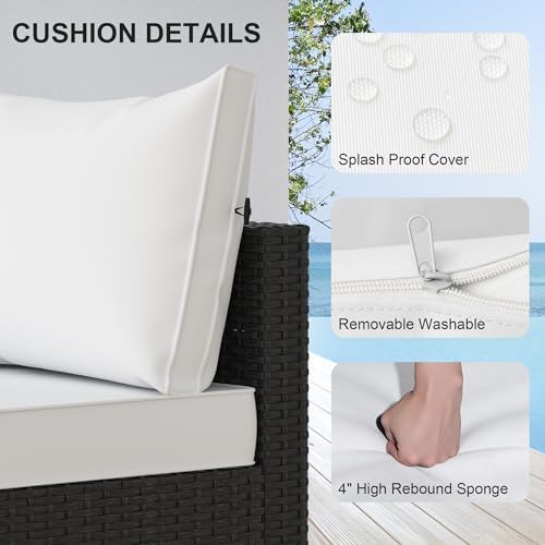 Patio Furniture Set, 5PCS Outdoor Sectional with Ottoman Wicker Rattan Patio Couch with Thickened Cushion Modular Wicker Patio Conversation Set with Glass Top Table for Balcony, Backyard (White) - Image 2