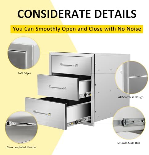 Outdoor Kitchen Drawers 18" W x 21" H x 21" D Flush Mount Triple BBQ Drawers with Chrome Handle Stainless Steel Drawer for Outdoor Kitchen Island, Patio Grill Station - Image 4