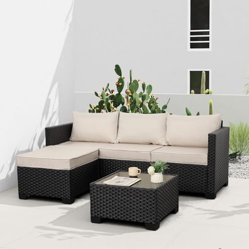 Oasishine Wicker Patio Furniture Patio Couch 3 Pieces Outdoor Sectional with Ottoman and Outdoor Glass Table Weathering Anti-Slip Cushions Furniture Covers, Khaki - Image 3