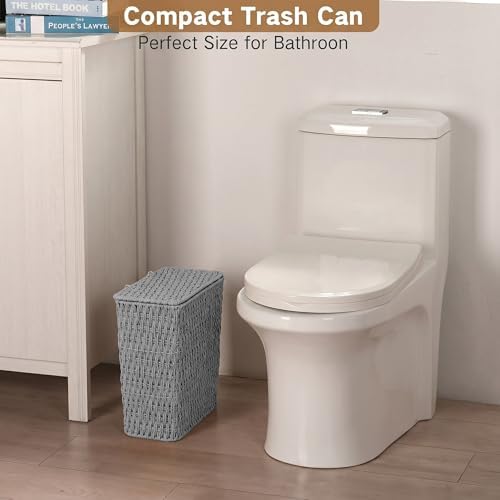iEGrow Paper Rope Trash Can,Bathroom Trash Can with Lid, 3 Gallon Wicker Waste Basket with Removable Liner, for Bedroom, Living Room, Toilet, Under Sink Gray - Image 2