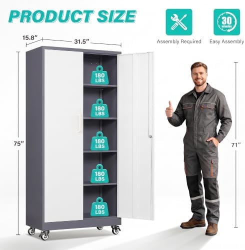 SISESOL 75" Tall Gray White Metal Storage Cabinet with Wheels and Shelves - Image 3