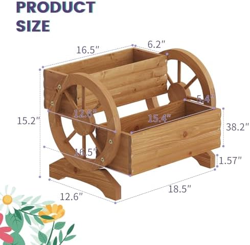 Wooden Wagon Planter Box, Standing Garden Planter, Decorative Outdoor Container,Coffee - Image 4