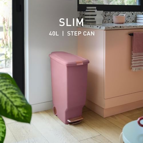 simplehuman Slim Step Can, 40L / 10.6 Gallon Space-Efficient Kitchen Trash Can, Studio Edition, Pet-Proof Slide Lock, 150,000-Step Pedal, Wheels, Blush Plastic - Image 2