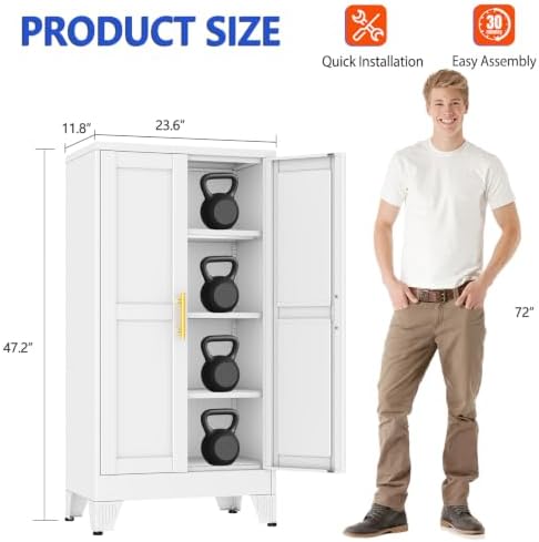 GAIOUS 47.2" Tall Metal Garage Storage Cabinet,File Cabinet with Door and Adjustable Shelves, Outdoor Steel Tool Cabinet for Home,Office,Warehouse,Garage,White - Image 2