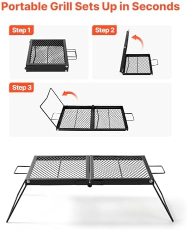 VEVOR Heavy Duty Folding Campfire Grill, 24" Portable Camping Grill Grate, Sturdy Steel Mesh, Compact Equipment Over Fire Pit, with Legs and Handle, Grilling Rack for Outdoor Open Flame Cooking, Black - Image 4