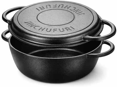 3.5QT Cast Iron Dutch Oven with Skillet Lid, 2-in-1 Cookware Set by JINCHUFURI