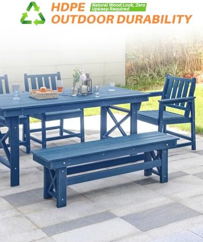 HDPE Outdoor Dining Set of 6, Patio Dining Table Set with 4 Chairs and 1 Bench, 6 Pieces HDPE Dining Set with Umbrella Hole, Outdoor Furniture Sets for Deck, Poolside, Garden, Navy - Image 5