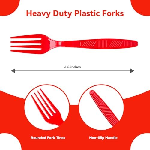 Red Plastic Forks Heavy Duty, Disposable Party Supplies 104 PCS - Image 2