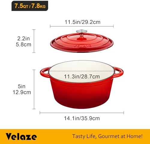 Velaze 7.5 QT Enameled Cast Iron Dutch Oven Pot with Lid,Red - Image 2