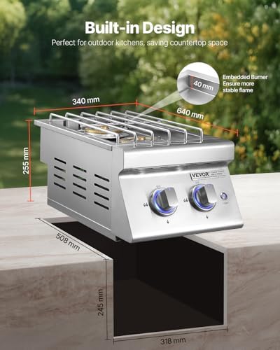 VEVOR Double Grilling Side Burners, 2 x 17,000BTU Liquid Propane Side Burner for Outdoor Kitchen, Convertible to Natural Gas, 304 Stainless Steel Built-in Double Burners with LED for BBQ Grill Island - Image 6