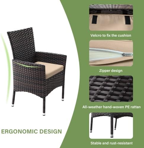 ALAULM 5 Piece Patio Dining Set All-Weather Wicker Outdoor Furniture Set w/Tempered Glass Tabletop, Removable Cushions and Umbrella Hole for Patio, Backyard, Garden, Poolside（Brown） - Image 4
