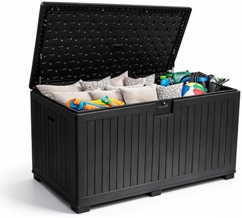 320 Gallon Deck Box with 6 Waterproof Foot Pads, Resin Storage Box Weatherproof, Plastic Cushion Container with Lock and Lids for Pool Equipment, Black by FammyLoft