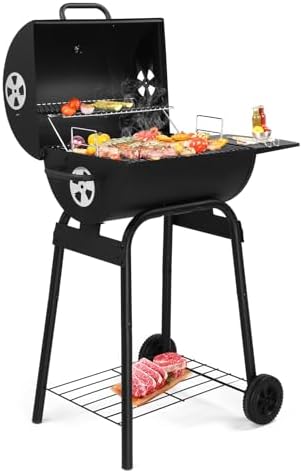 Outvita Barrel Charcoal Grill with Warming Rack, Outdoor BBQ, Black by Outvita