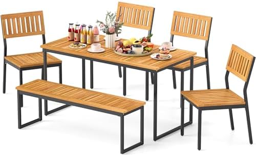 Tangkula 6 Pieces Outdoor Acacia Wood Dining Set, Patio Table and Chairs Set with Bench and 2” Umbrella Hole, Outdoor Patio Dining Furniture Set for Lawn, Garden, Poolside, Backyard by TANGKULA