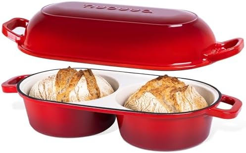 Dutch Oven For Sourdough Bread Baking – Enamelled Cast Iron Bread Loaf Pot – 500°F Oven Safe Non Stick Bread Pot – Double Round Loaf Space, 16.5cm Diameter, Red, – by Nuovva by Nuovva
