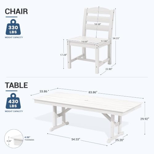 KINGYES Outdoor Dining Table,84'' HDPE Patio Table with Umbrella Hole,White - Image 2