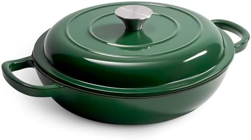 3 Quart Enameled Cast Iron Braiser, Non Stick Enameled Cast Iron Skillet with Lid, Dutch Oven Skillet with lid up to 500°F for Oven, Stove, Grill, Shallow Dutch Oven for Cook, Bake (Green) by Fijinhom