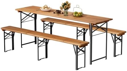VINGLI 70 Inch Folding Picnic Tables with Benches Set, Weather-Resistant Wooden Beer Garden Table Bench, 3-Piece Portable Fold Up Camping BBQ Table,Walnut Color by VINGLI