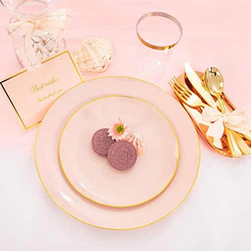LIYH 180 Pcs Pink Plastic Plates - Disposable Dinnerware Set, Pink Dinner Plate Dessert Plate,Gold Plastic Silverware Cups for Weddings,Birthday Party 30 Guests - Image 4