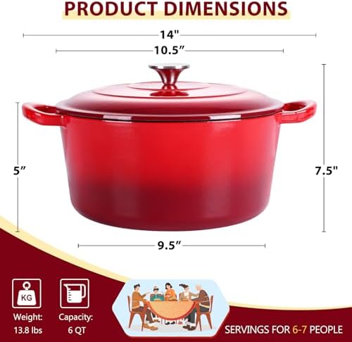 E-far Enameled Cast Iron Dutch Oven with Lid, 6 Quart Round Dutch Oven Pot Nonstick Cookware for Braising, Stews, Roasting, Bread Baking, Cooking, Heavy Duty, Induction & Oven Safe - Red - Image 2