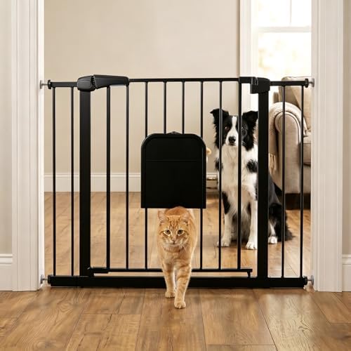 31-46“ Metal Pet Gate with Cat Door, Auto Close, Matte Black by FuzzyNest