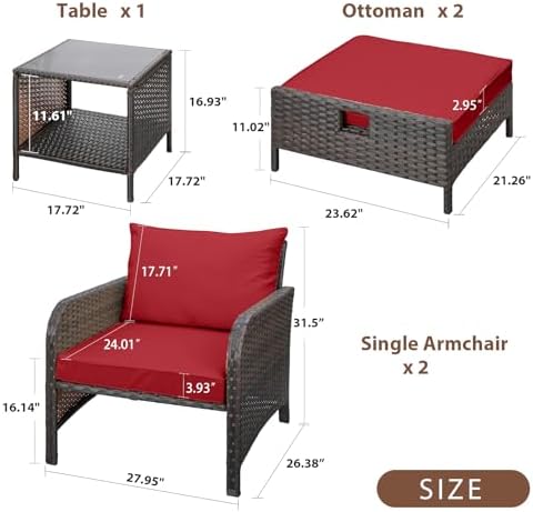 LEVELEVE Balcony Furniture 5 Piece Patio Conversation Set, PE Wicker Rattan Outdoor Lounge Chairs with Soft Cushions 2 Ottoman&Glass Table for Porch, Lawn-Brown Wicker（Wine Red - Image 3