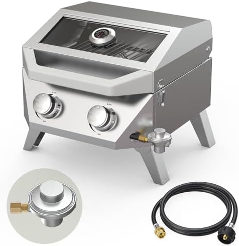 BESTFIRE 2-in-1 Portable Propane Grill, 20,000 BTU 2-Burner Tabletop Gas Grill for Camping & RV, Stainless Steel BBQ with Viewing Glass Lid, Thermometer & Dual-Gas Connection by GrillsOutdoorCooking