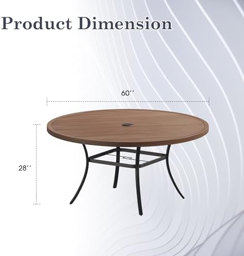 Outdoor Dining Table for 8, 60" Round Outdoor Table with Adjustable Umbrella Hole, All-Weather Metal Patio Dining Table for Lawn Garden Backyard Deck, Walnut - Image 2