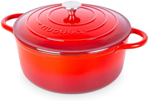 Cast Iron Dutch Oven with Lid - Non-Stick Ovenproof Enamelled Casserole Pot- Sturdy Dutch Oven Cookware - Red, 7.3- Quart, 30cm- by Nuovva by Nuovva