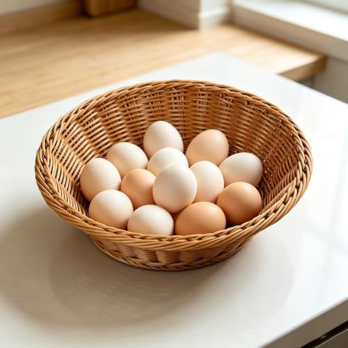 RT&BS Round Wicker Bread Basket, Round Wicker Fruit Basket, Woven Egg Baskets, Reusable Handwoven Storage Baskets for Living Room, Kitchen, Store, Restaurant, Outdoor, Party (Brown, S) - Image 5