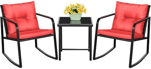 Devoko 3 Pieces Patio Furniture Set Wicker Outdoor Rocking Chair, Red by DEVOKO