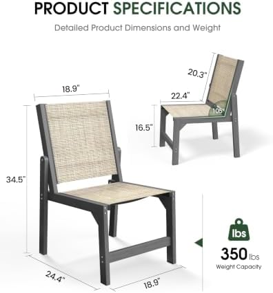 Stackable Outdoor Dining Chairs of 2, HDPE Frame with Teslin Fabric, Grey - Image 3