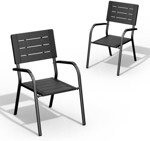 VINGLI Outdoor Patio Dining Chairs, Stackable HDPE All-Weather Arm Chairs, Weatherproof Outdoor Seating for Garden, Backyard, Poolside, Balcony,Black (2 Pack) by VINGLI