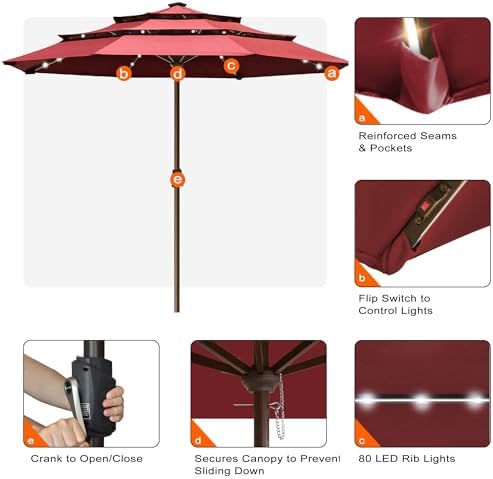 EliteShade USA 10-Year-Non-Fading 10ft 3-Tier Market Patio Umbrella, Commercial Table Umbrella with 80 Solar LED Lights, Crank Open, Windproof & UPF 50+ UV Protection for Garden, Deck, Pool, Backyard, No Tilt, Burgundy - Image 5