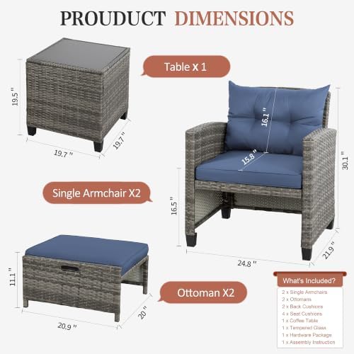 Vongrasig 5 Piece Patio Furniture Set, Small Balcony Furniture, PE Wicker Rattan Patio Chairs Set of 2, Outdoor Lounge Chairs with Cushions Ottomans &Glass Table for Porch Garden(Navy Blue) - Image 3