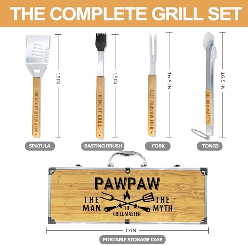 Paw Paw Gifts, Christmas Pawpaw Gifts from Grandkids Heavy Duty Wooden BBQ Grilling Accessories Kit for Backyard, Thick Stainless Steel Grill Utensils with Non-Slip Handle Tools in Portable Bag - Image 3