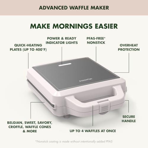 GreenPan Advanced Waffle Maker, 4-Square Belgian & Classic Waffle Maker, PFAS-Free Ceramic Nonstick, Cool-Touch Handle, Overheat Protection, Easy Clean, Clay - Image 7