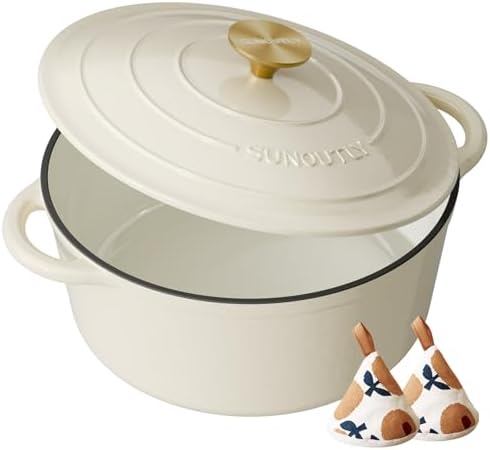 Enameled Cast Iron Dutch Oven, 6QT Pot with Lid, Cream White by SUNOUTLY