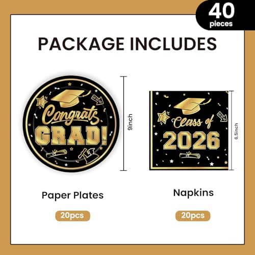 40Pcs Graduation Plates and Napkins 2026 Party Supplies, Class Of 2026 Disposable Black Gold Tableware Set for Congrats Grad Party Decorations (Graduation) - Image 2