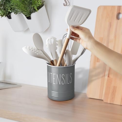 Bivvclaz Gray Kitchen Utensil Holder, 6.7" Utensil Holder for Counter, Cooking Utensil Crock with Cork Bottom, Modern Farmhouse Kitchen Decor, Countertop Utensil Storage Organizer Caddy - Image 7