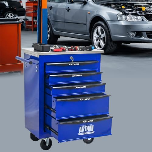 5-Drawer Heavy-Duty Rolling Tool Chest with Wheels & Steel Roof, Lockable Tool Chest Storage Cabinet for Garage, Workshop, Warehouse, and Repair Shop - Image 2