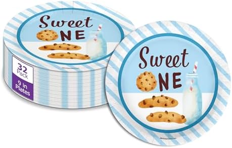 Sweet One Milk and Cookies First Birthday - 32 Piece Disposable Party Supplies - Decorations for Dessert 1st Birthday Round Party Plates - Large 9" Paper Plates In Bulk by BirthdayGalore