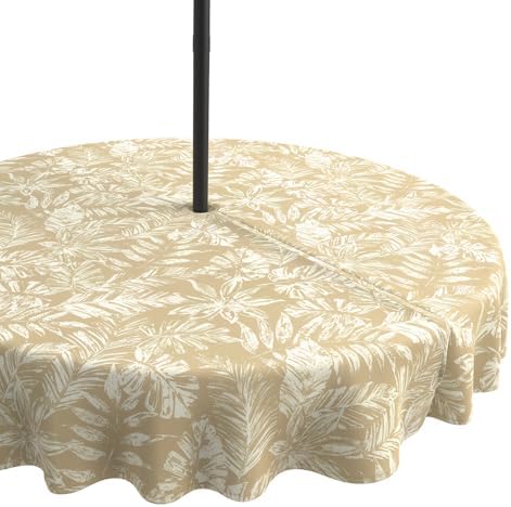 LVTXIII Round Outdoor Tablecloth with Umbrella Hole and Zipper, Water-Repellent 60 Inch Patio Table Cover for Bistro, Garden, Patio & Picnic, Tropical Leaf Oat by LVTXIII