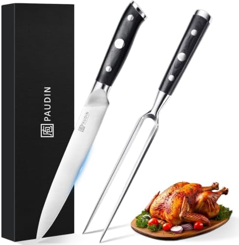 PAUDIN Carving Knife Set, 8 inch German High Carbon Stainless Steel Meat Slicing Knife with 7 inch Turkey Fork, Ergonomic Full Tang G10 Handle, Dishwasher Safe,BBQ Brisket Slicer,Cooking Gifts for Men by PAUDIN
