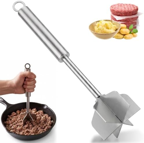 Stainless Steel Meat Masher, 6-Blade Ground Beef Chopper Tool, Heavy Duty Hamburger Smasher Potato Masher, Food Grade Vegetable Puree Shredder Mixer Utensil, Kitchen Gadgets, Dishwasher Safe (A) by GDJUQZ