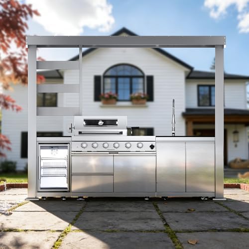 110-Inch 4-Burner 72000 BTU Propane Gas Grill Island with Shed, 304 Stainless Steel Silver, Outdoor Kitchen with Wine Cooler, Rotisserie, Granite Countertops & Sink for Backyard BBQ, Silver by Dvasovio