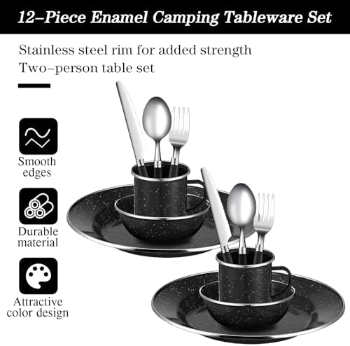 Nuogo 12 Pcs Enamel Camping Tableware Set Dinnerware Kit - Image 4