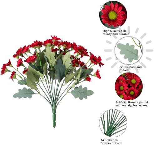 Daisy Artificial Flowers for Outdoors Autumn Fall Decoration, 6 Bundles Fake Mums Red Silk Flowers for Outside Look Real UV Resistant Fake Plants Faux Flowers for Planter Front Door Home Indoor Porch - Image 6
