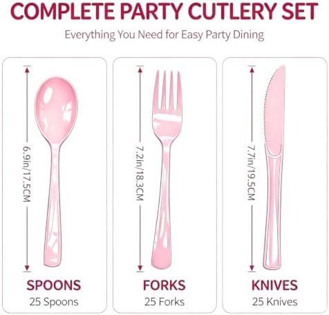 75 Pack Light Pink Heavy Duty Plastic Silverware Set, Disposable Knives, Forks & Spoons, 25 Sets for Birthday, Baby Shower, Camping, Picnic & Party - Image 2