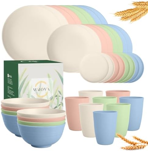 Wrova Wheat Straw Dinnerware Sets 40PCS, Unbreakable Plates and Bowls Sets Service for 8, Microwave and Dishwasher Safe Dish Set, Dinning Plates/Cereal Bowls/Drinking Cups for Kitchen,Camping-Nordic by WROVA